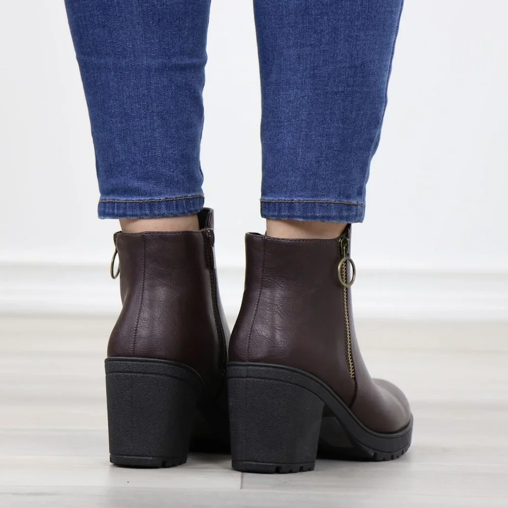 Brown Synthetic Leather Chunky Lug Block Heel Round Toe Ankle Boots - Picture 5 of 11